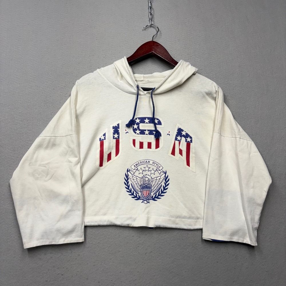 Vintage USA Graphic Hoodie Unisex L White American Style 70s Rare Cropped Retro